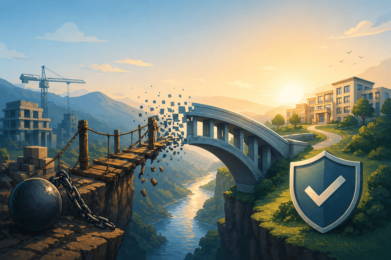 A neutral, documentary image of a senior living facility exterior at dusk with construction fencing still partially in place