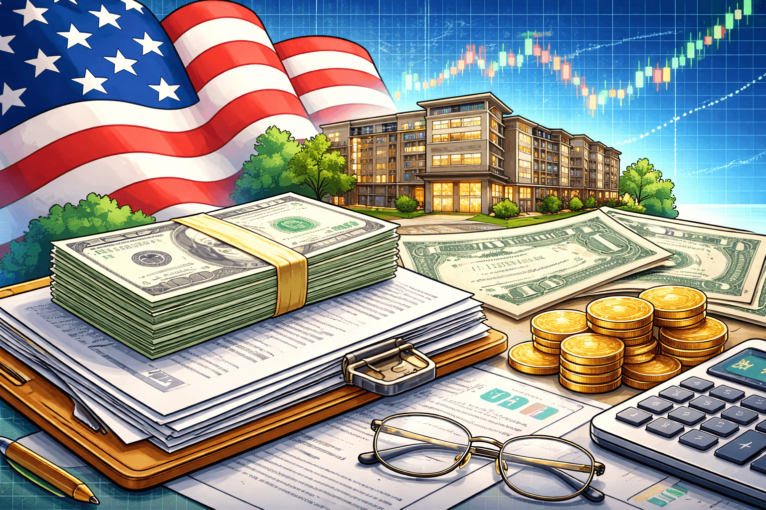 A calm, blue-toned photo of HUD-insured multifamily and senior housing buildings at dusk