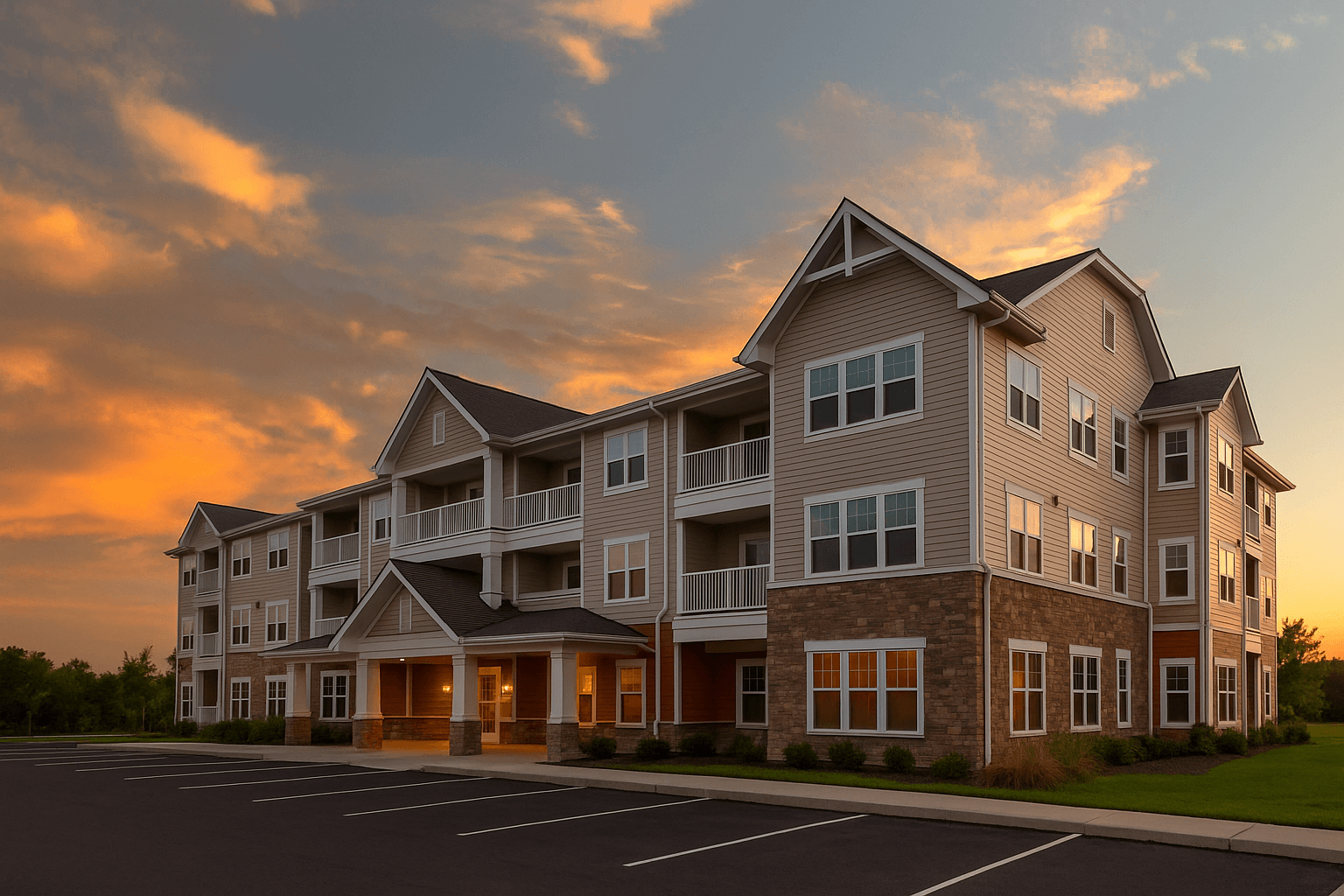 HUD-insured senior housing and care facility at sunset