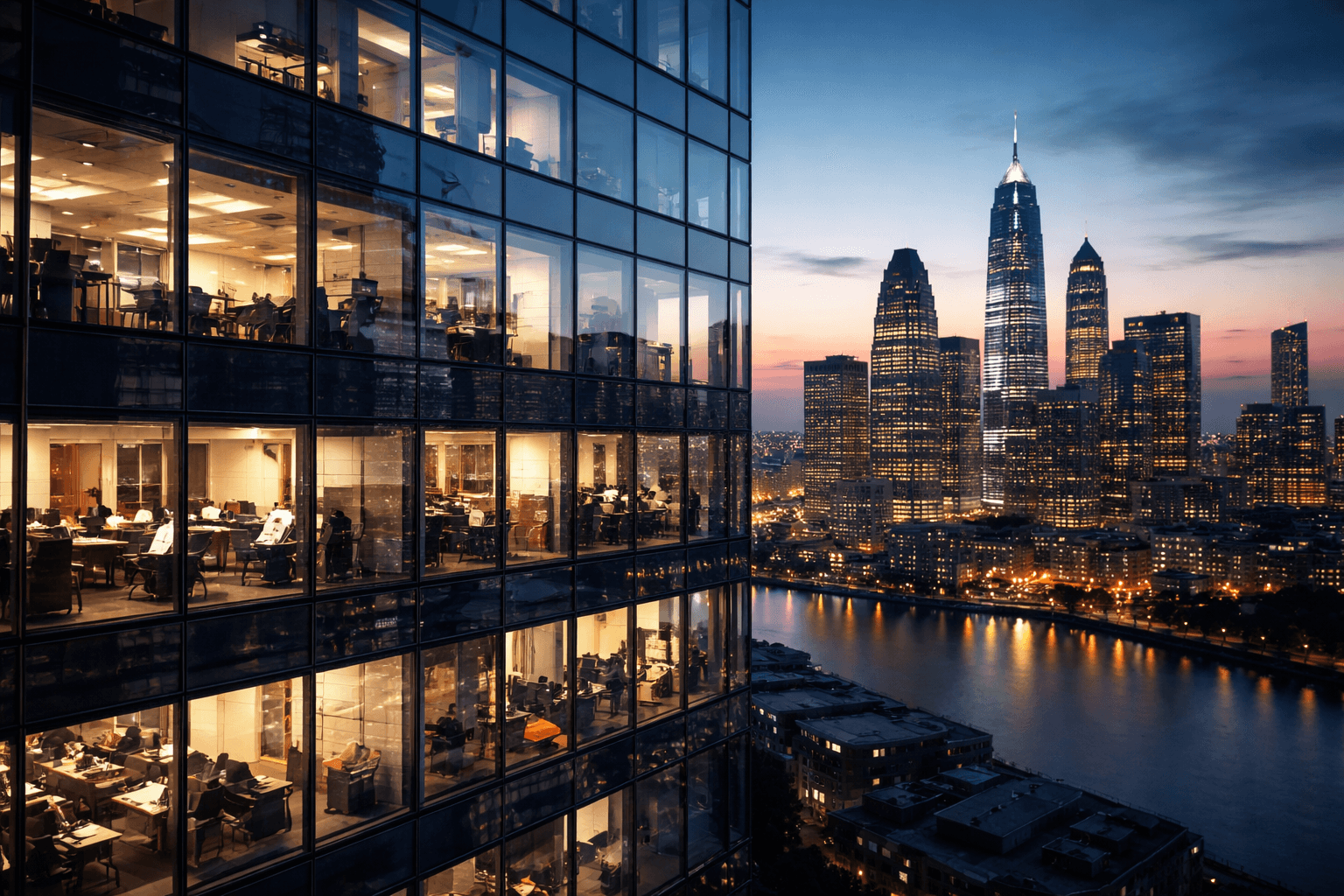 Modern financial district skyline reflected in glass office building